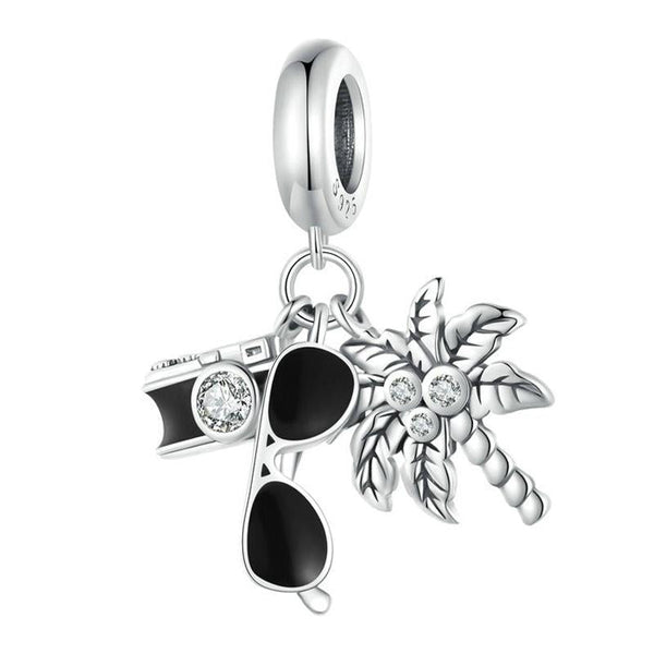 Palm Tree Sunglasses Holiday Sterling Silver Bead Charm Bracelet Necklace