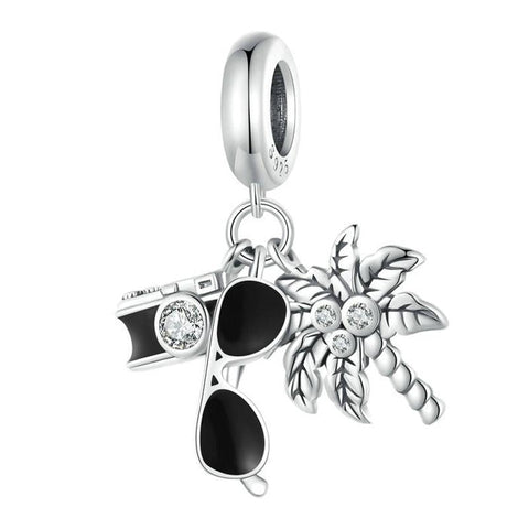 Palm Tree Sunglasses Holiday Sterling Silver Bead Charm Bracelet Necklace