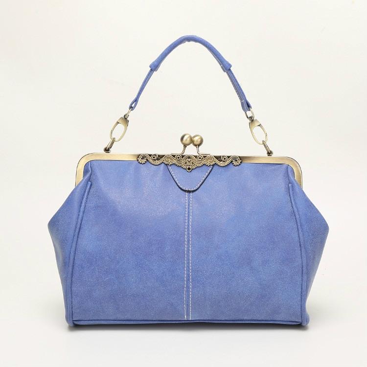 Faux PU Leather Crossbody Shoulder Bag Metal Trim Kiss Clasp Blue