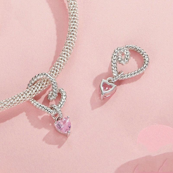 Twisted Rope Crystal Heart Sterling Silver Bead Charm Bracelet Necklace