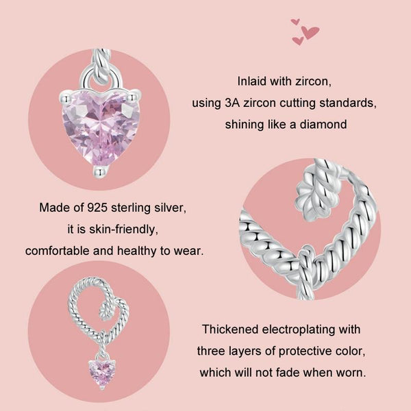 Twisted Rope Crystal Heart Sterling Silver Bead Charm Bracelet Necklace
