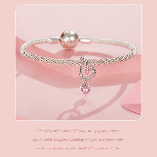 Twisted Rope Crystal Heart Sterling Silver Bead Charm Bracelet Necklace