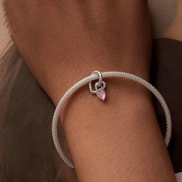 Twisted Rope Crystal Heart Sterling Silver Bead Charm Bracelet Necklace