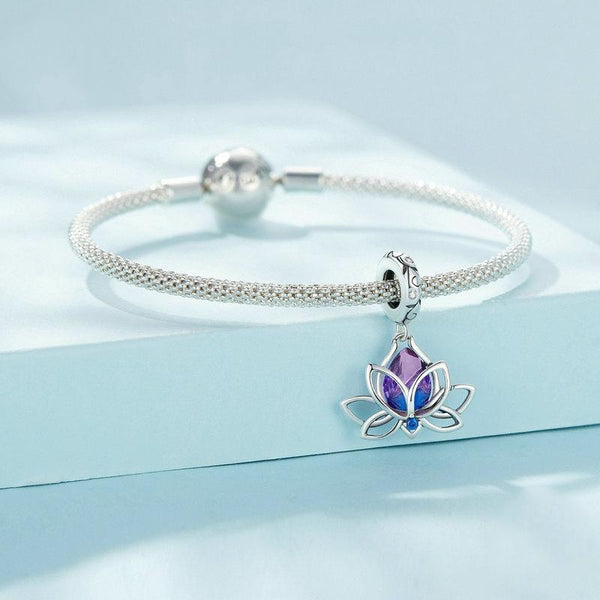 Lotus Flower Sterling Silver Zircon CZ Bead Charm Bracelet Necklace