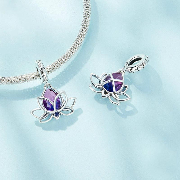 Lotus Flower Sterling Silver Zircon CZ Bead Charm Bracelet Necklace