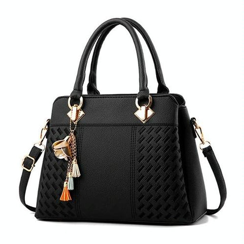 Embroidered Faux PU Leather Shoulder Crossbody Bag Tassel Charm Black