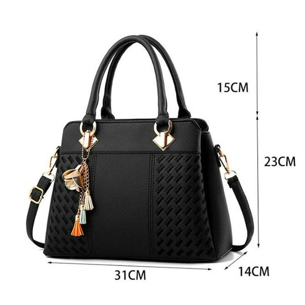Embroidered Faux PU Leather Shoulder Crossbody Bag Tassel Charm Black