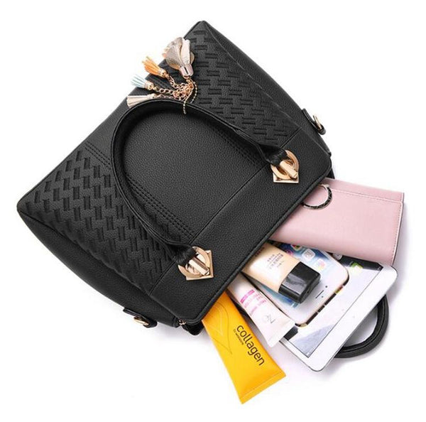 Embroidered Faux PU Leather Shoulder Crossbody Bag Tassel Charm Black