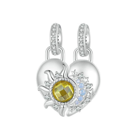 Sun Moon Heart Twin Sterling Silver Bead Charm Bracelet Necklace Pendant