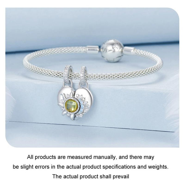Sun Moon Heart Twin Sterling Silver Bead Charm Bracelet Necklace Pendant