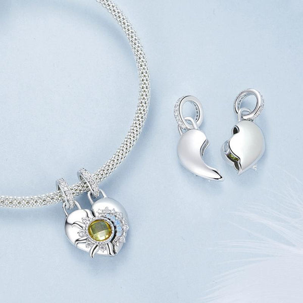 Sun Moon Heart Twin Sterling Silver Bead Charm Bracelet Necklace Pendant
