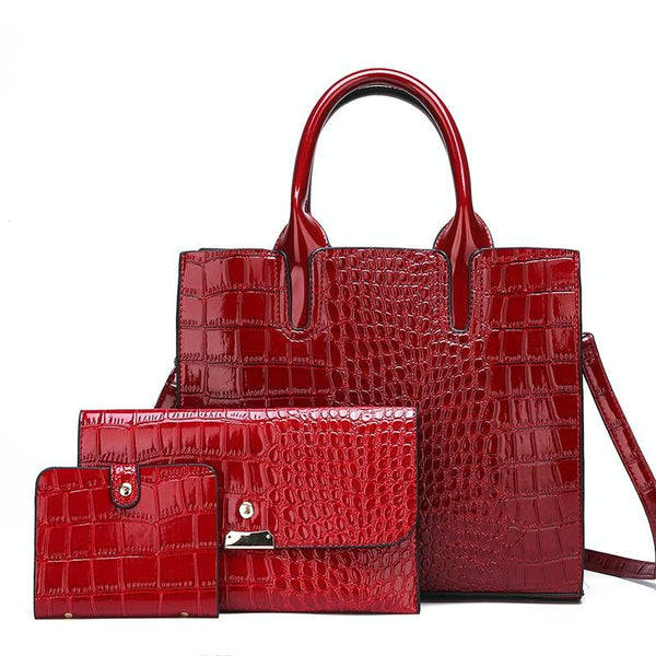 3 Pce Faux Patent Crocodile PU Leather Tote Shoulder Clutch Bag Card Holder Red