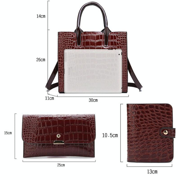 3 Pce Faux Patent Crocodile PU Leather Tote Shoulder Clutch Bag Card Holder Red