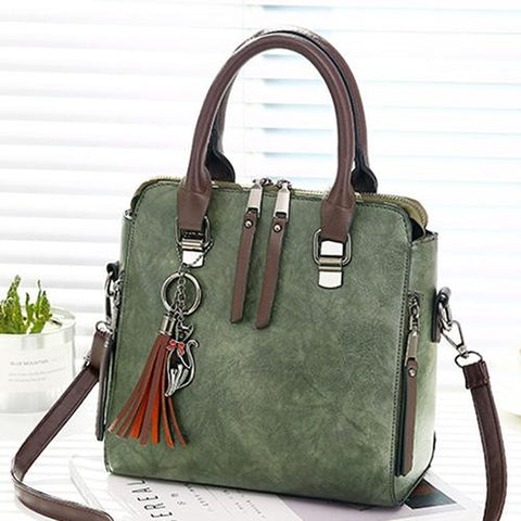 Faux PU Leather Crossbody Shoulder Tote Bag Handbag Tassel Green
