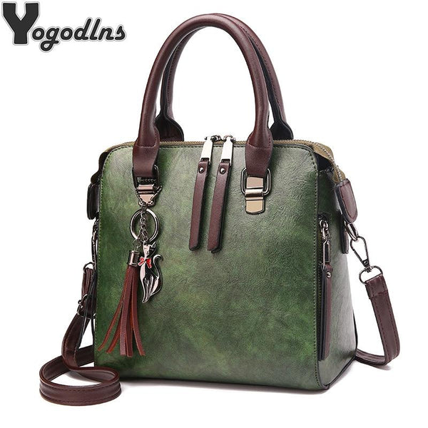 Faux PU Leather Crossbody Shoulder Tote Bag Handbag Tassel Green