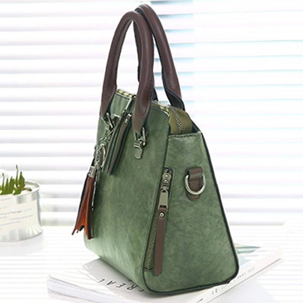 Faux PU Leather Crossbody Shoulder Tote Bag Handbag Tassel Green