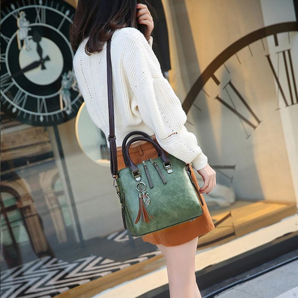 Faux PU Leather Crossbody Shoulder Tote Bag Handbag Tassel Green