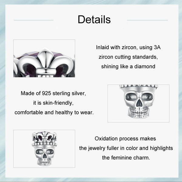 Halloween Skull Sterling Silver Bead Charm Bracelet Necklace Pendant