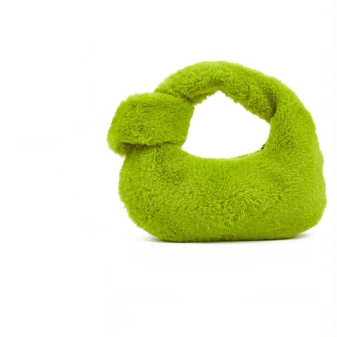 Plush Rabbit Fleece Tote Bag Handbag Knotted Handle Olive Green