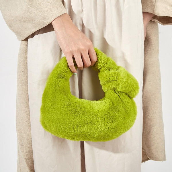Plush Rabbit Fleece Tote Bag Handbag Knotted Handle Olive Green