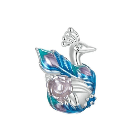 Peacock Enamel Sterling Silver CZ Bead Charm Bracelet Necklace Pendant