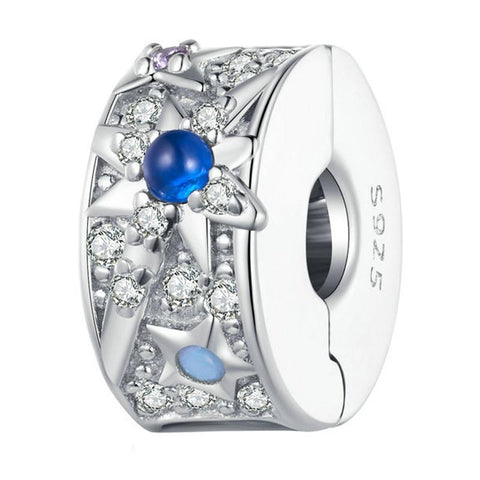 Blue Stars Flowers Sterling Silver Crystal Zircon CZ Bead Charm Bracelet