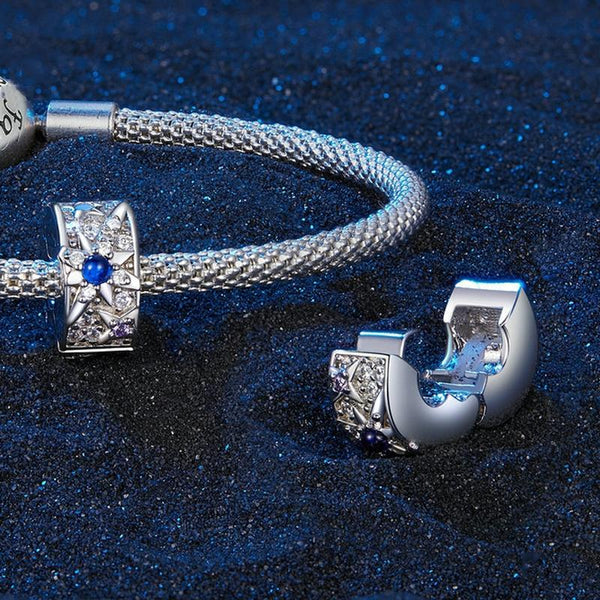 Blue Stars Flowers Sterling Silver Crystal Zircon CZ Bead Charm Bracelet