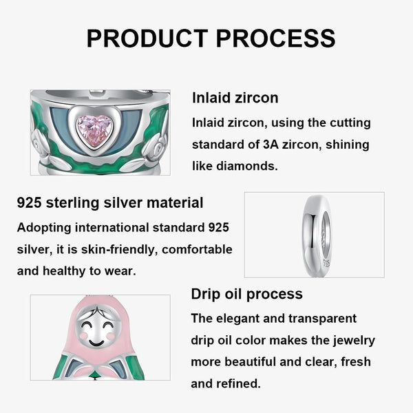 Russian Doll Enamel Sterling Silver Bead Charm Pendant Bracelet Necklace