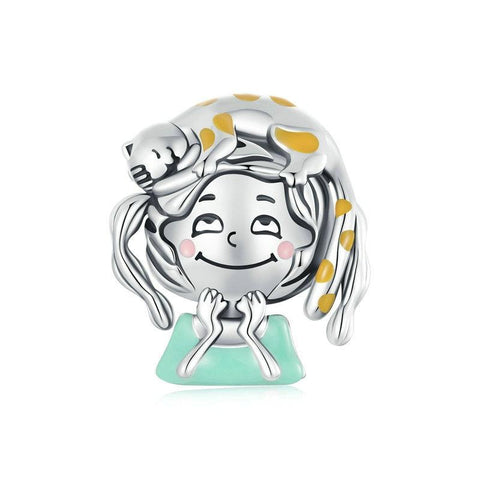 Girl With Cat Enamel Sterling Silver Bead Charm Bracelet Necklace Pendant