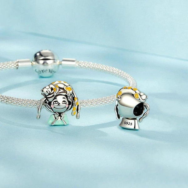 Girl With Cat Enamel Sterling Silver Bead Charm Bracelet Necklace Pendant