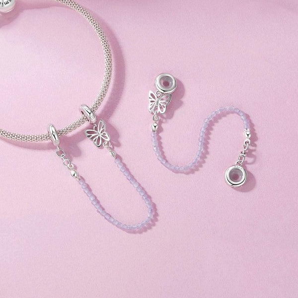 Butterfly Platinum Plated Sterling Silver Zircon CZ Safety Chain For Bracelet