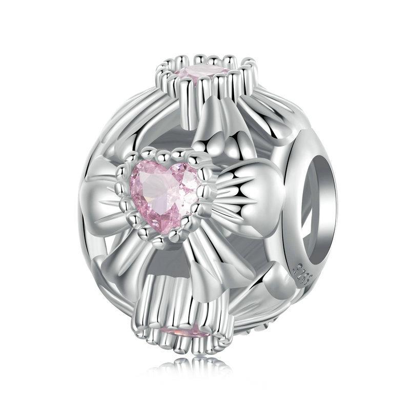 Bow Heart Sterling Silver Zircoon CZ Bead Charm Bracelet Necklace Pendant