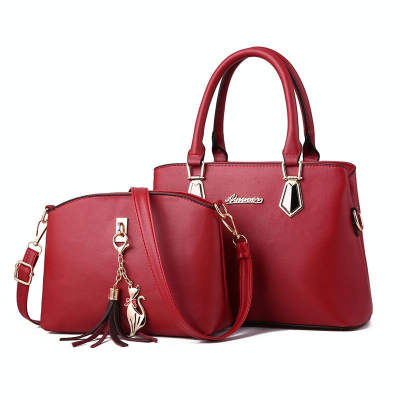 2 Pce Faux PU Leather Tote Crossbody Shoulder Bag Handbag Tassel Charm Red Wine