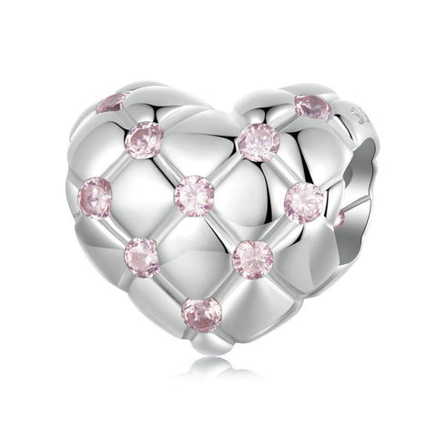 Quilted Heart Sterling Silver CZ Bead Charm Bracelet Necklace Pendant