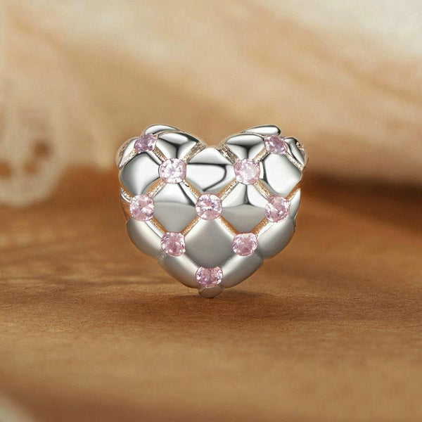 Quilted Heart Sterling Silver CZ Bead Charm Bracelet Necklace Pendant