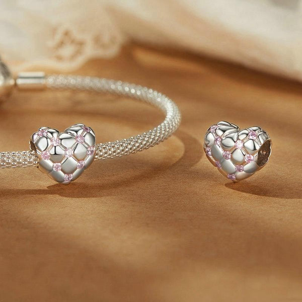 Quilted Heart Sterling Silver CZ Bead Charm Bracelet Necklace Pendant