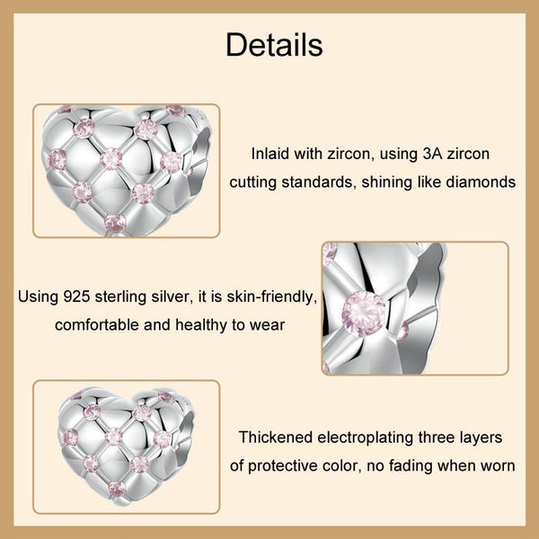 Quilted Heart Sterling Silver CZ Bead Charm Bracelet Necklace Pendant