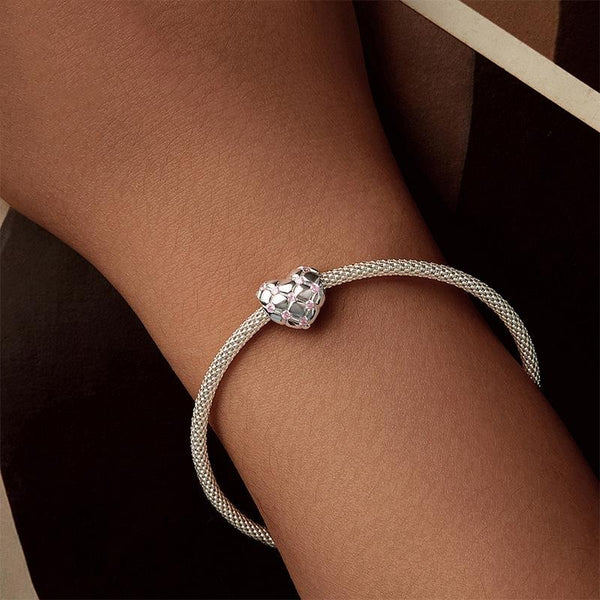 Quilted Heart Sterling Silver CZ Bead Charm Bracelet Necklace Pendant