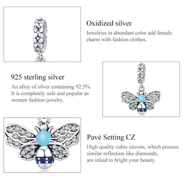 Bee Sterling Silver Zircon CZ Bead Charm Bracelet Necklace Pendant