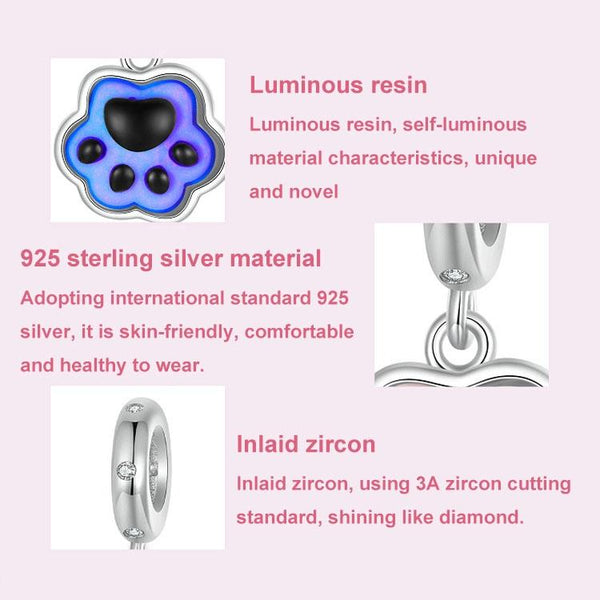 Cat Dog Paw Print Sterling Silver Luminous Resin CZ Bead Charm Bracelet Necklace
