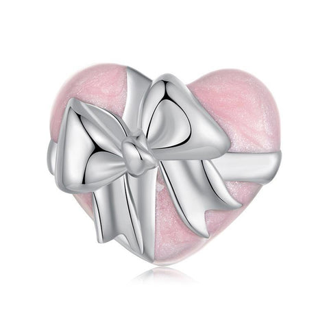Pink Heart Bow Gift Enamel Sterling Silver Bead Charm Bracelet Necklace
