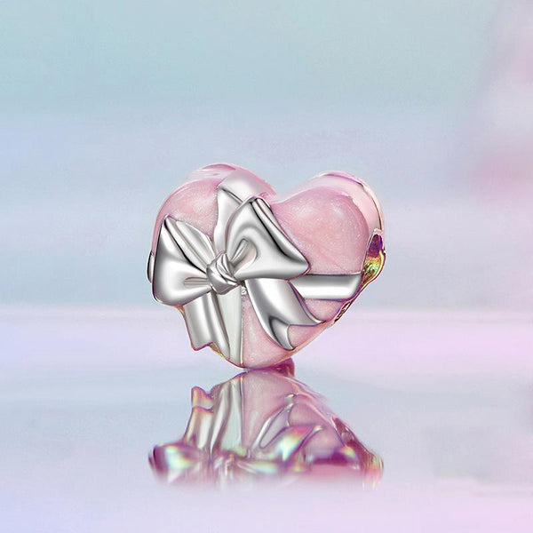 Pink Heart Bow Gift Enamel Sterling Silver Bead Charm Bracelet Necklace