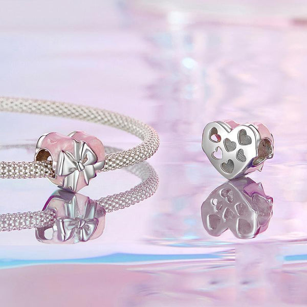 Pink Heart Bow Gift Enamel Sterling Silver Bead Charm Bracelet Necklace
