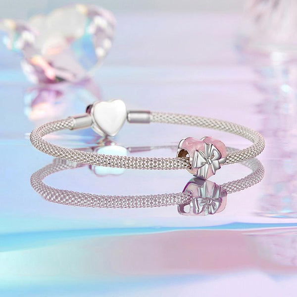 Pink Heart Bow Gift Enamel Sterling Silver Bead Charm Bracelet Necklace