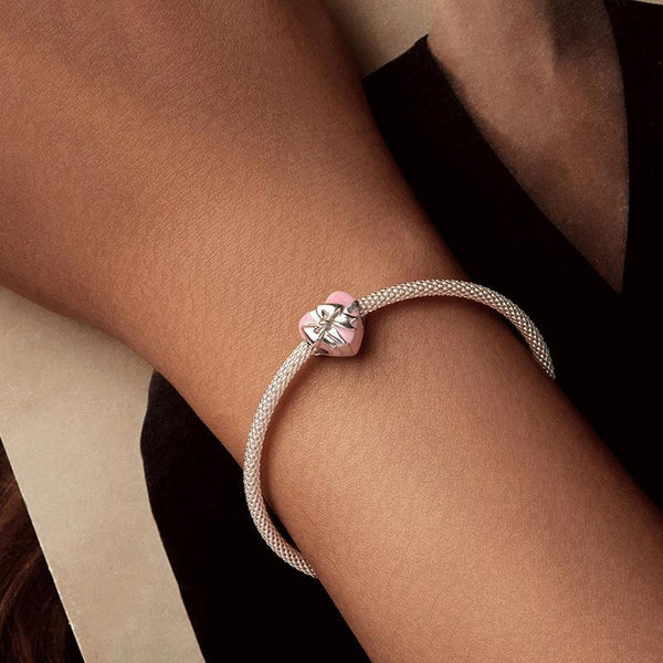 Pink Heart Bow Gift Enamel Sterling Silver Bead Charm Bracelet Necklace