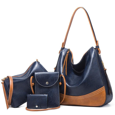 4 Pce Dual Colour Faux PU Leather Tote Shoulder Crossbody Phone Card Bag Navy Blue