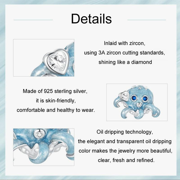 Octopus Enamel Sterling Silver CZ Bead Charm Bracelet Necklace Pendant