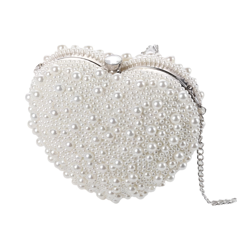 Beaded Faux Pearl Heart Shape Wedding Evening Clutch Shoulder Bag Chain White
