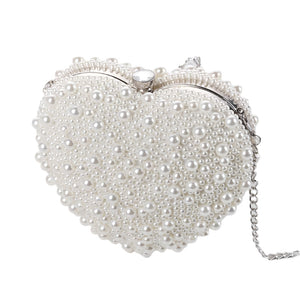 Beaded Faux Pearl Heart Shape Wedding Evening Clutch Shoulder Bag Chain White