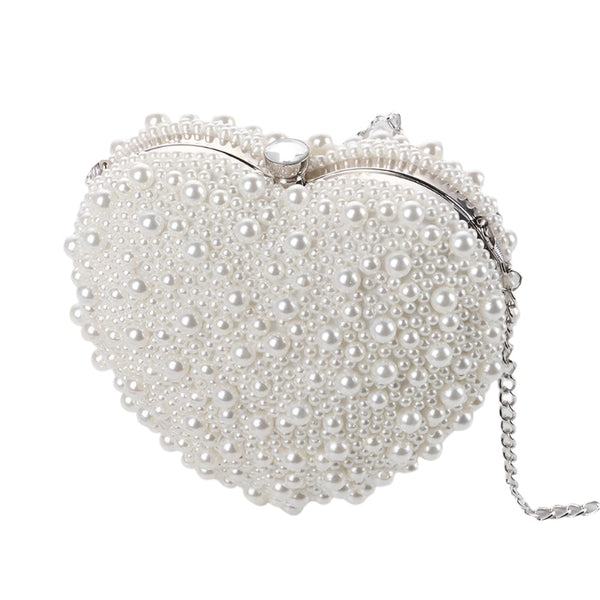 Beaded Faux Pearl Heart Shape Wedding Evening Clutch Shoulder Bag Chain White